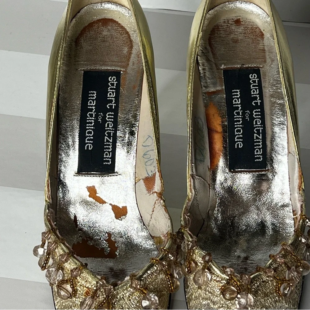 Vintage Stuart Weitzman For Martinique Leather Gold Pumps Bejeweled Size 7